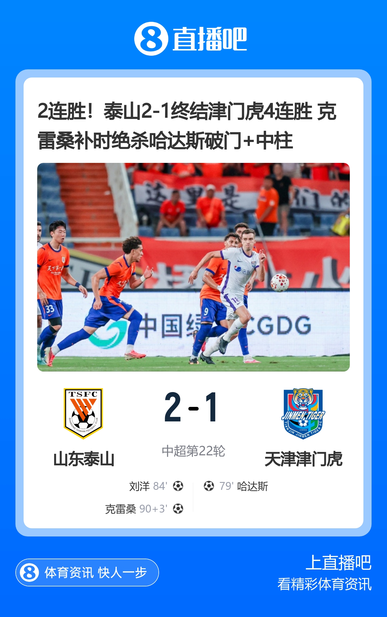克雷桑补时绝杀,泰山2-1终结津门虎四连胜 克雷桑补时绝杀,泰山2-1终结津门虎四连胜