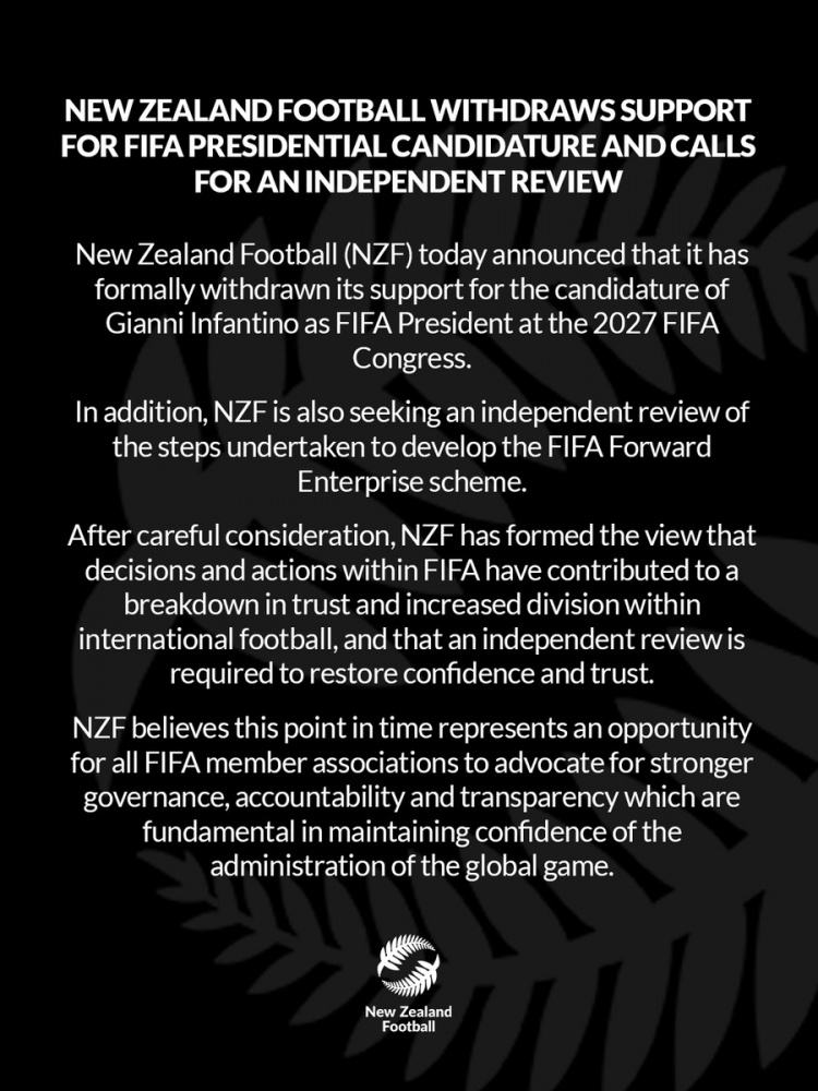 新西兰足协倒戈 撤回对因凡蒂诺竞选FIFA主席支持