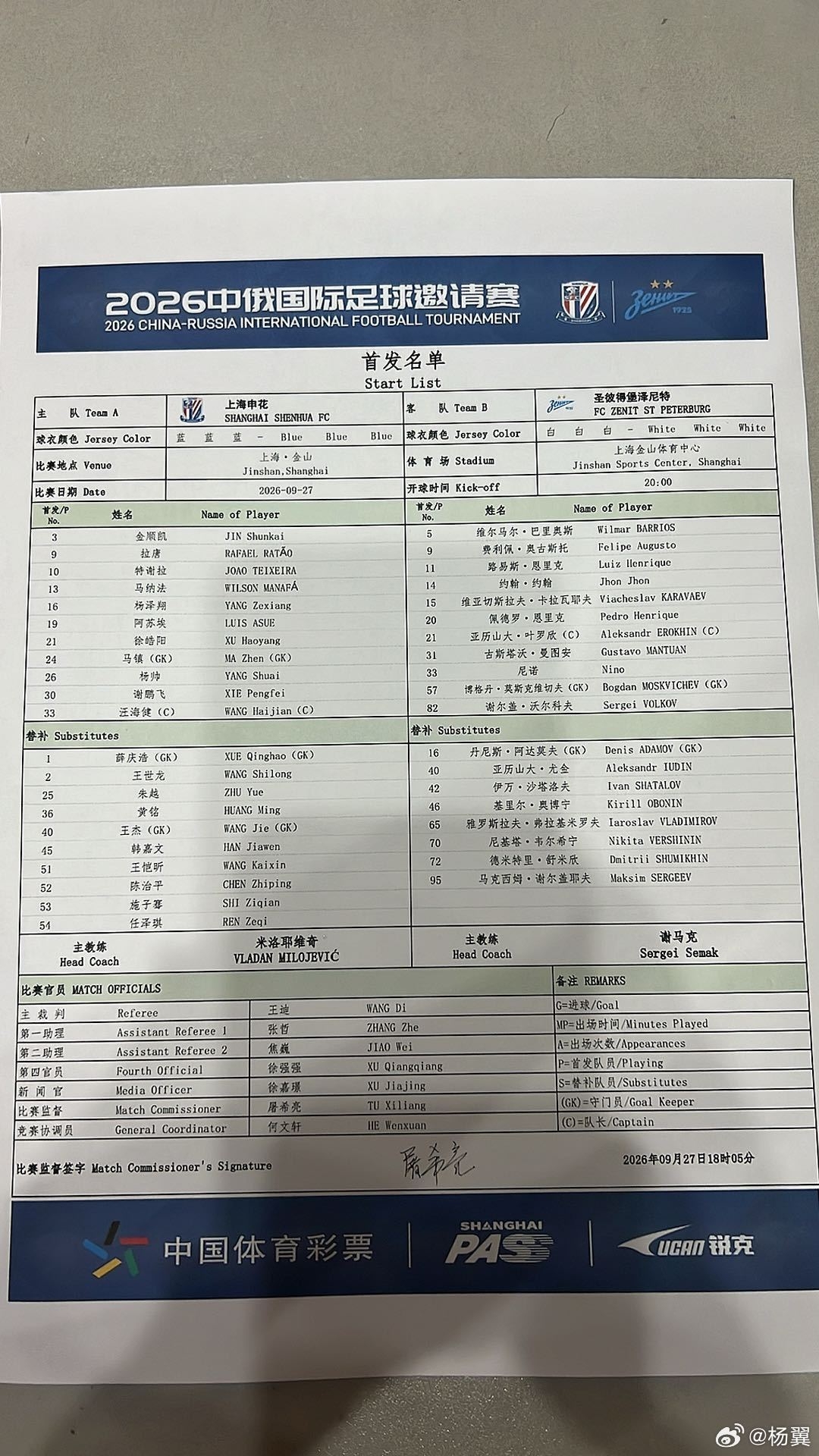 申花vs泽尼特首发:申花4外援,特谢拉、拉唐先发,阿苏埃出战